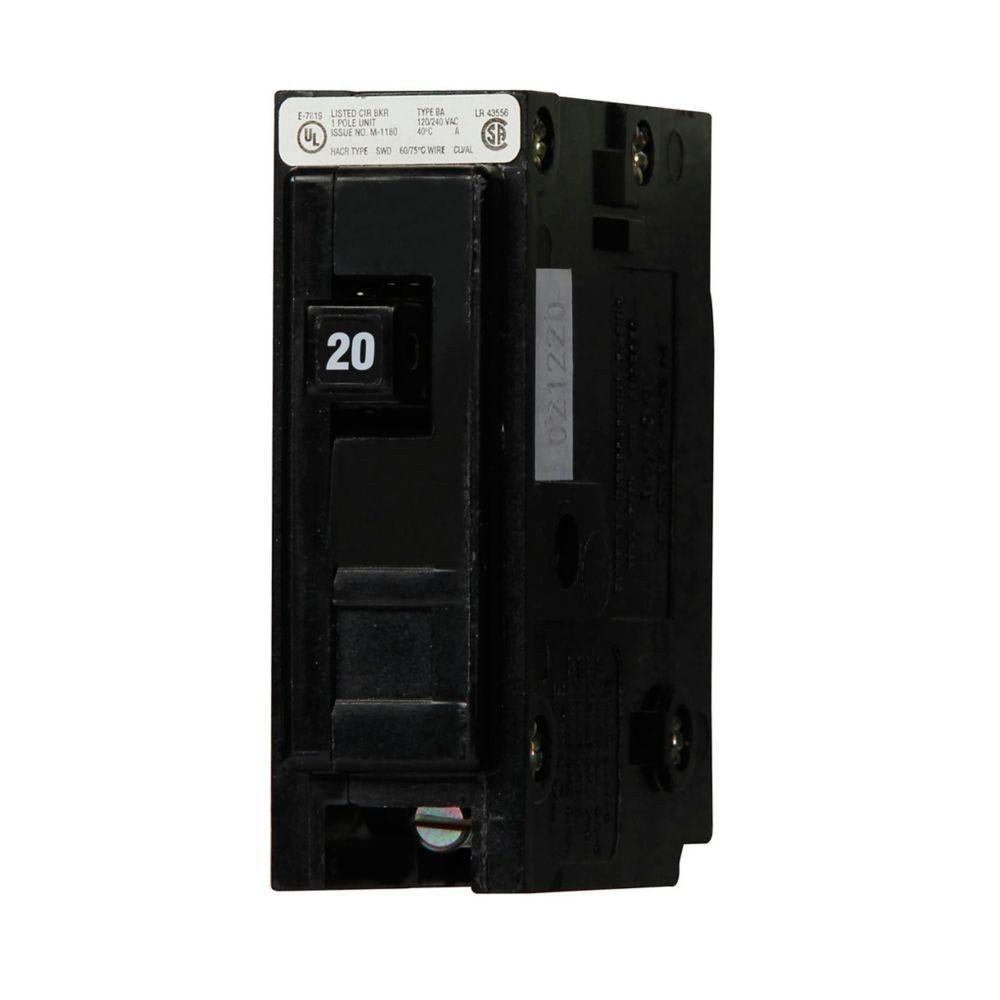 EATON QuickLag® BAB1020 Type BAB Miniature Circuit Breaker, 120/240 VAC, 20 A, 10 kA Interrupt, 1 Pole, Non-Interchangeable Thermal Magnetic Trip