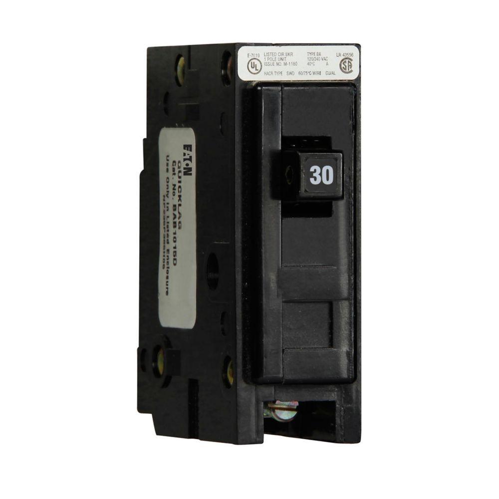 EATON QuickLag® BAB1030 Type BAB Molded Case Miniature Circuit Breaker, 120/240 VAC, 30 A, 10 kA Interrupt, 1-Pole, Non-Interchangeable Thermal Magnetic Trip