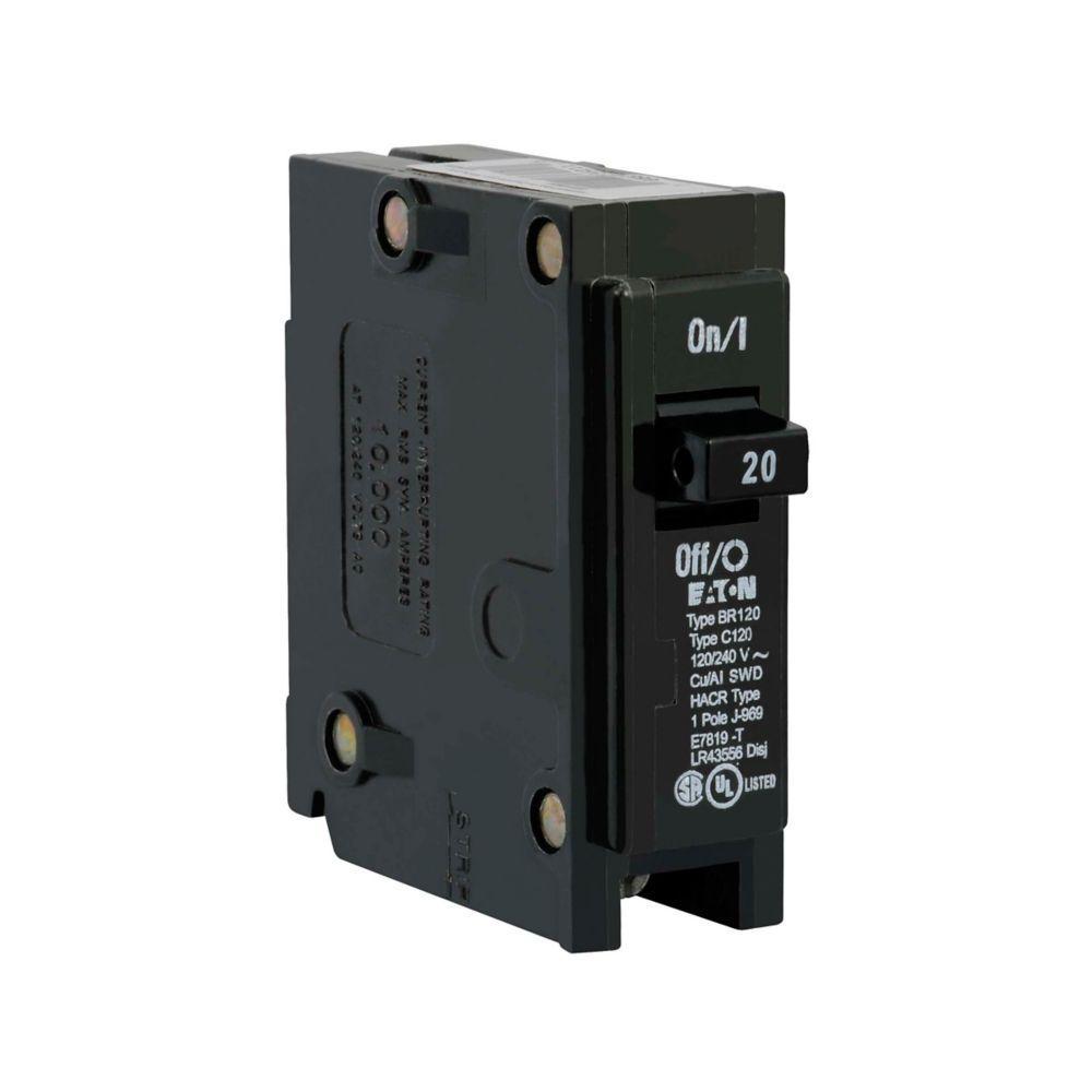 EATON BR120 Type BR Circuit Breaker, 120/240 VAC, 20 A, 10 kA Interrupt, 1 Pole, Thermal/Magnetic Trip