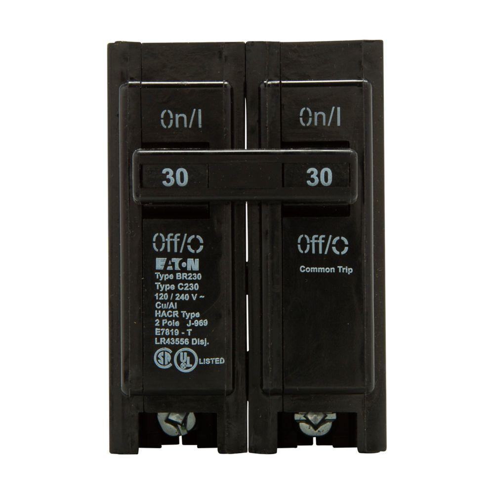EATON BR230 Type BR Circuit Breaker, 120/240 VAC, 30 A, 10 kA Interrupt, 2 Poles, Common/Thermal Magnetic Trip