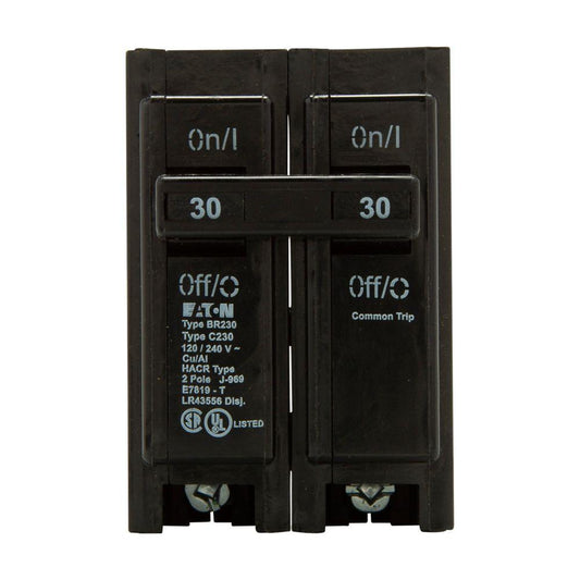 EATON BR230 Type BR Circuit Breaker, 120/240 VAC, 30 A, 10 kA Interrupt, 2 Poles, Common/Thermal Magnetic Trip