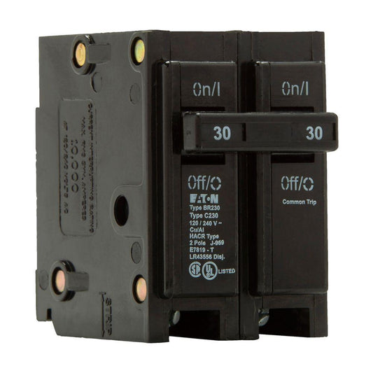 EATON BR230 Type BR Circuit Breaker, 120/240 VAC, 30 A, 10 kA Interrupt, 2 Poles, Common/Thermal Magnetic Trip