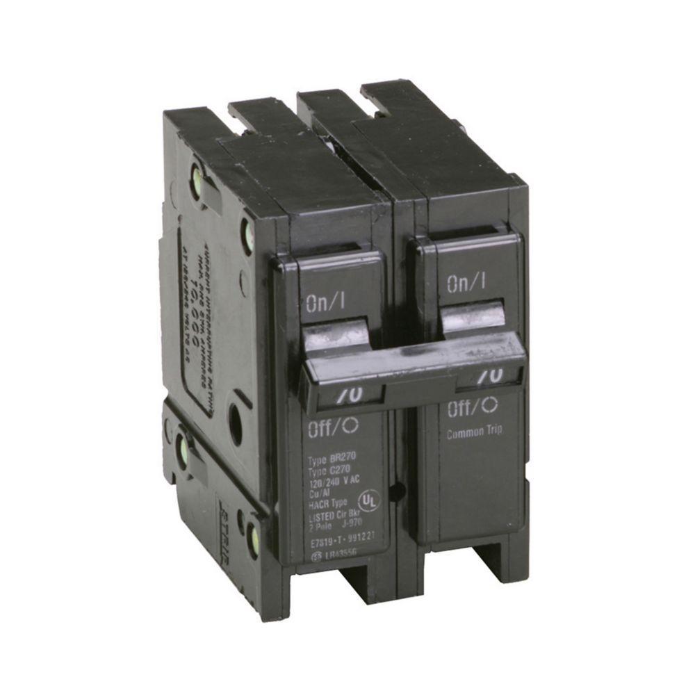 EATON BR270 Type BR Circuit Breaker, 120/240 VAC, 70 A, 10 kA Interrupt, 2 Poles, Common/Thermal Magnetic Trip