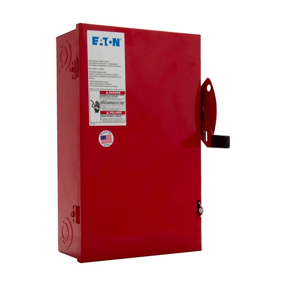 EATON DG322NGB DG Series Cartridge Fusible General Duty Safety Switch, 240 VAC, 60 A, 3 to 10 hp, 7-1/2 to 15 hp, TPST Contact, 3 Poles