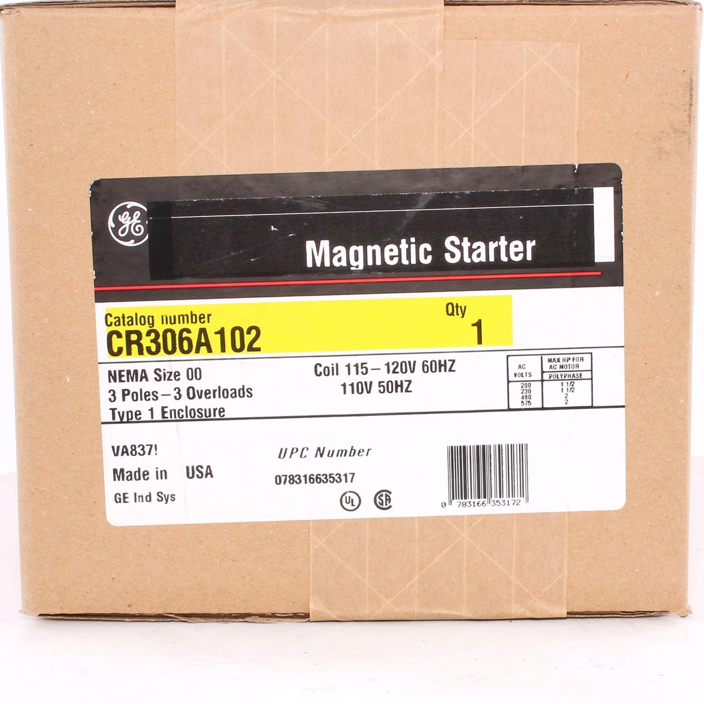 GE CR306A102 300 Line Full Voltage Non-Combination Non-Reversing NEMA Magnetic Starter, 115 to 120 VAC V Coil, 3 Poles, NEMA 1 Enclosure