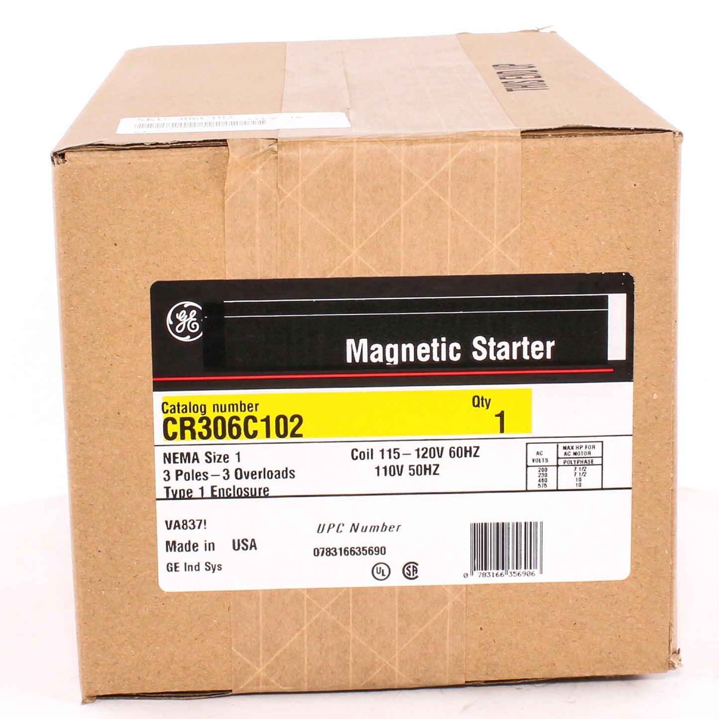 GE CR306C102 300 Line Full Voltage Non-Combination Non-Reversing NEMA Magnetic Starter, 115 to 120 VAC V Coil, 3 Poles, NEMA 1 Enclosure