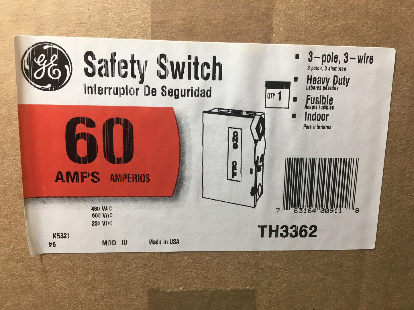 GE Spec-Setter TH3362 TH Series Fusible Heavy Duty Safety Switch, 600 VAC, 60 A, 15 hp Standard Fuse/50 hp Time Delay, 3 Poles