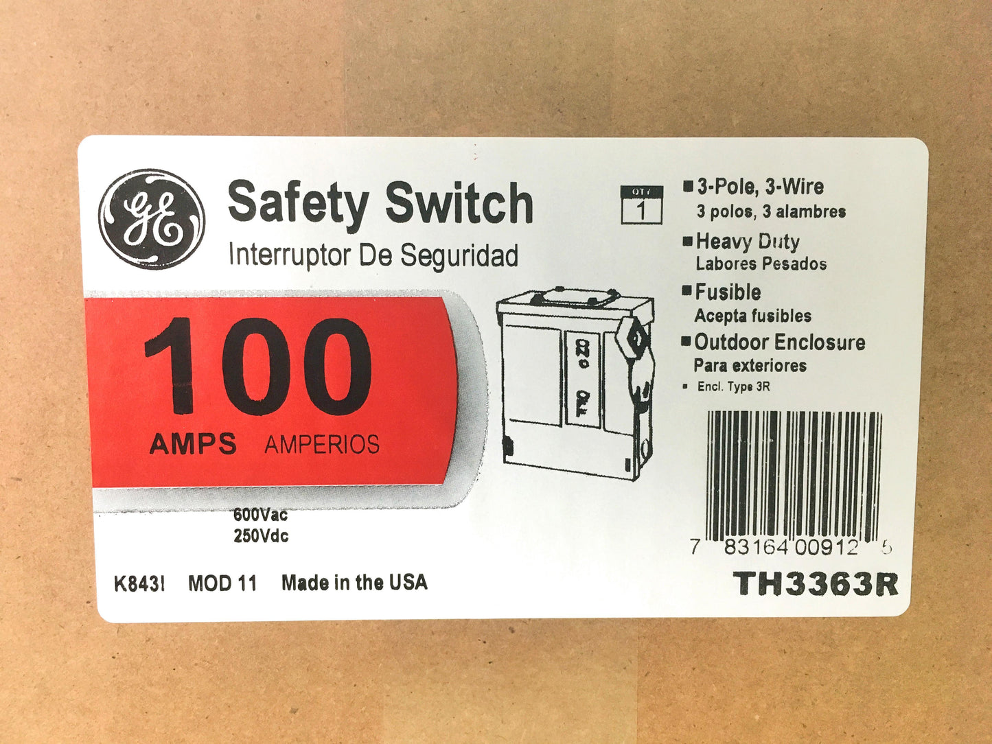 GE Spec-Setter TH3363R TH Series Fusible Heavy Duty Safety Switch, 600 VAC, 100 A, 30 hp Standard Fuse/75 hp Time Delay, 3 Poles