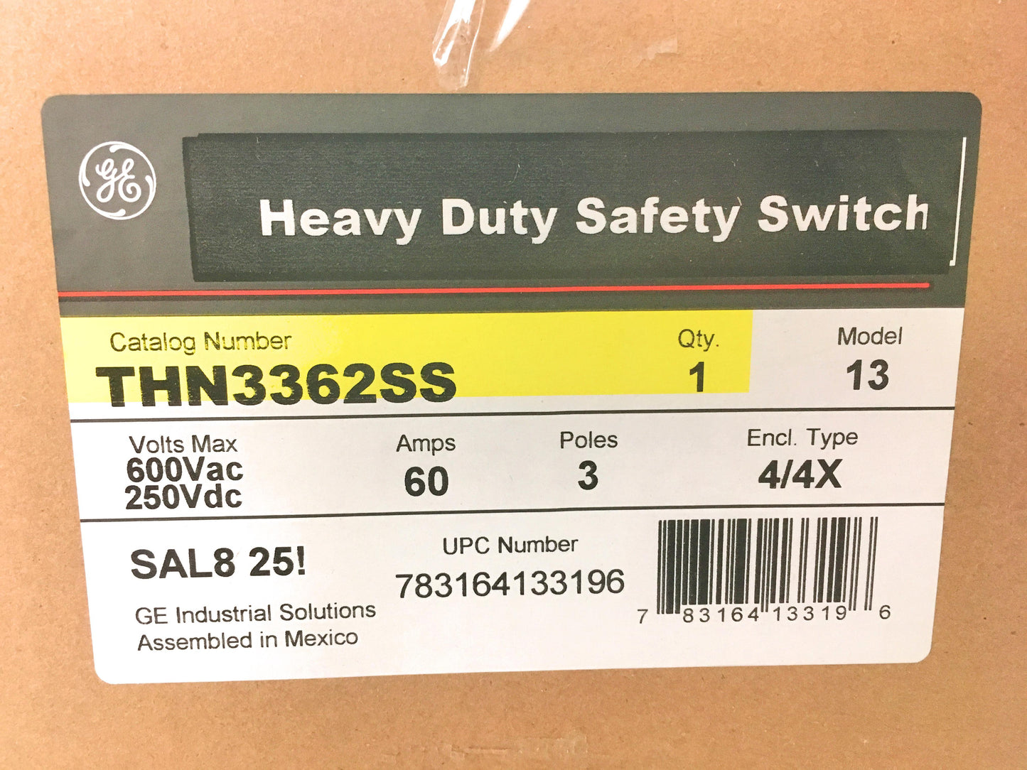 GE Spec-Setter® THN3362SS Heavy Duty Non-Fused Safety Switch, 600 VAC, 60 A, 60 hp, 3 Poles