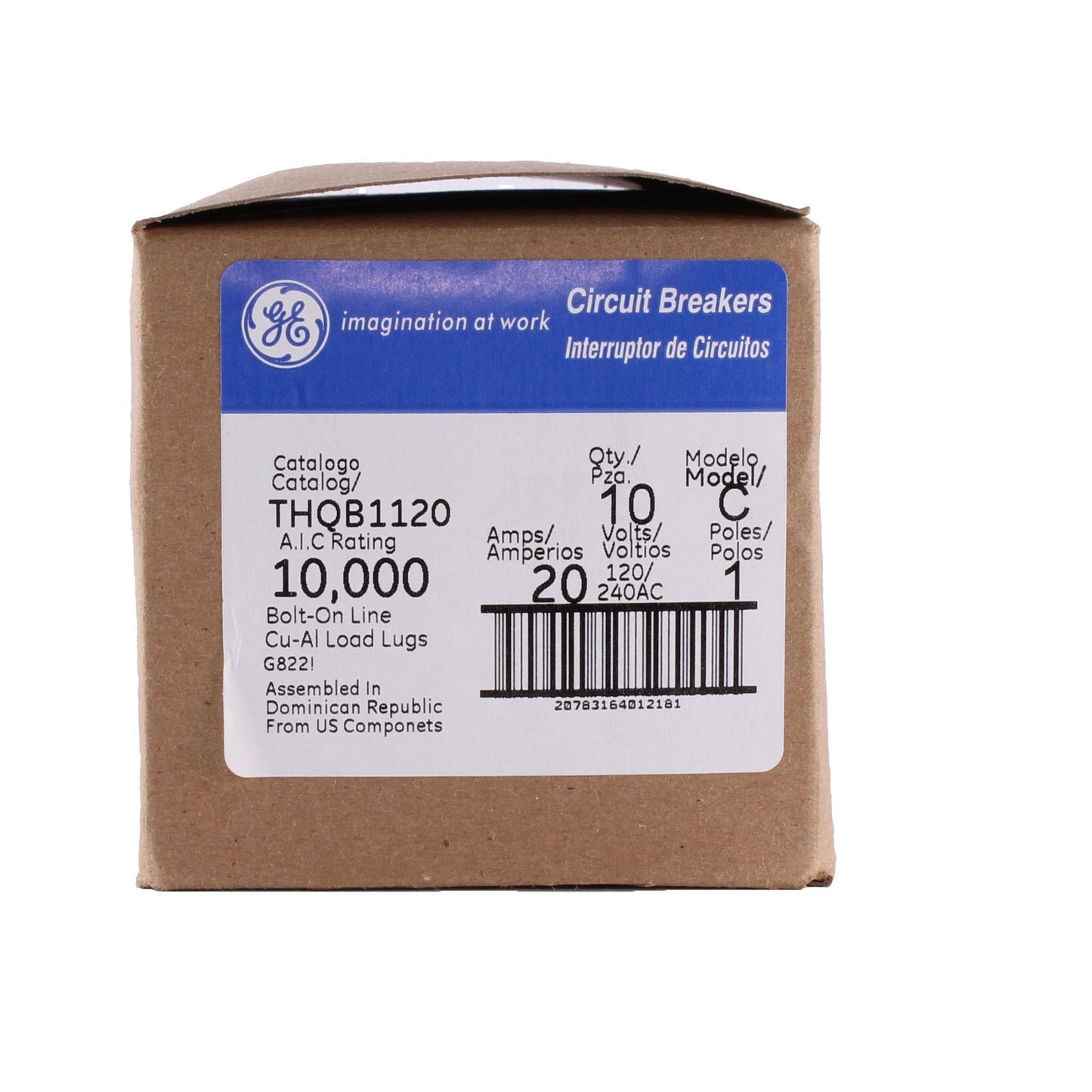 GE THQB1120 Type THQB Molded Case Miniature Circuit Breaker, 120/240 VAC, 20 A, 10 kA Interrupt, 1 Pole, Common/LI/Thermal Magnetic Trip