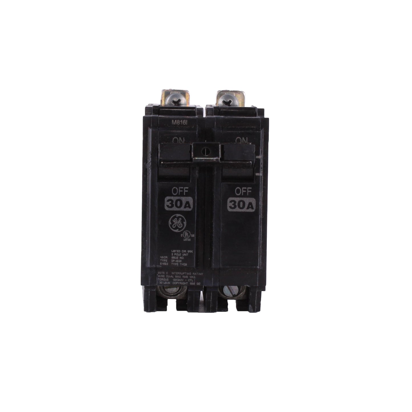 GE THQB2130 Type THQB Molded Case Miniature Circuit Breaker, 120/240 VAC, 30 A, 10 kA Interrupt, 2 Poles, Common/LI/Thermal Magnetic Trip