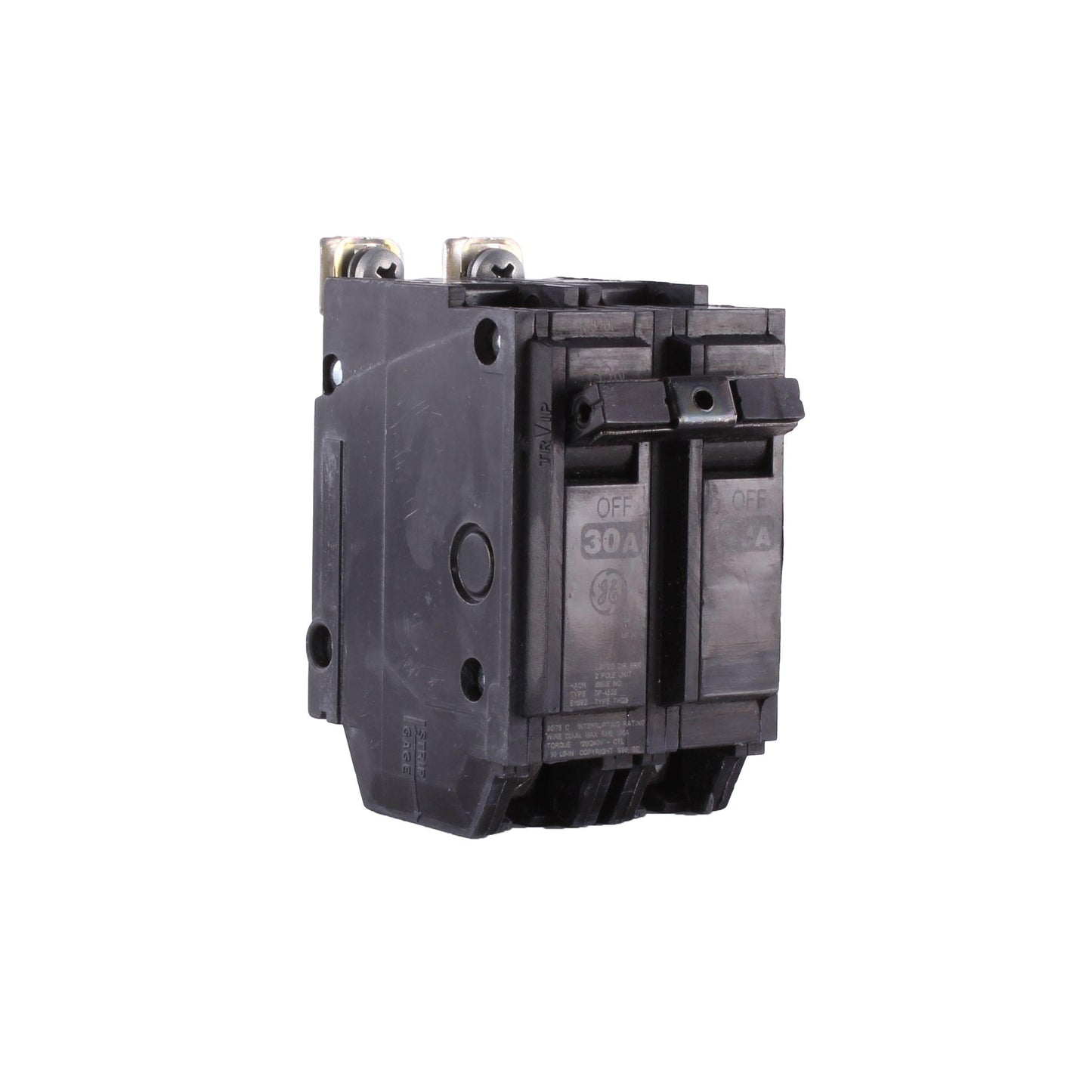GE THQB2130 Type THQB Molded Case Miniature Circuit Breaker, 120/240 VAC, 30 A, 10 kA Interrupt, 2 Poles, Common/LI/Thermal Magnetic Trip