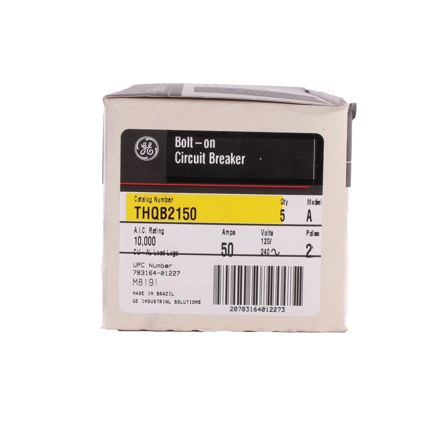 GE Q-Line® THQB2150 Miniature Circuit Breaker, 120/240 VAC, 50 A, 10 kA Interrupt, 2 Poles, LI/Non-Interchangeable Trip