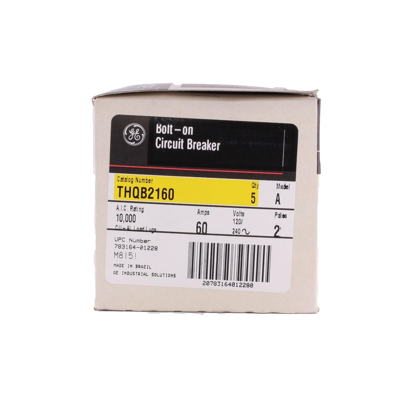 GE Q-Line® THQB2160 Miniature Circuit Breaker, 120/240 VAC, 60 A, 10 kA Interrupt, 2 Poles, LI/Non-Interchangeable Trip