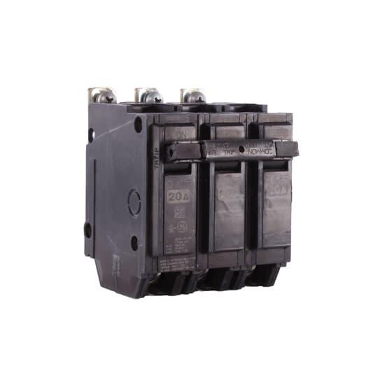 GE Q-Line® THQB32020 Miniature Circuit Breaker, 120/240 VAC, 20 A, 10 kA Interrupt, 3 Poles, LI/Non-Interchangeable Thermal Magnetic Trip