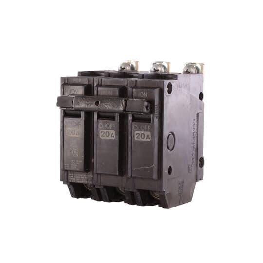 GE Q-Line® THQB32020 Miniature Circuit Breaker, 120/240 VAC, 20 A, 10 kA Interrupt, 3 Poles, LI/Non-Interchangeable Thermal Magnetic Trip
