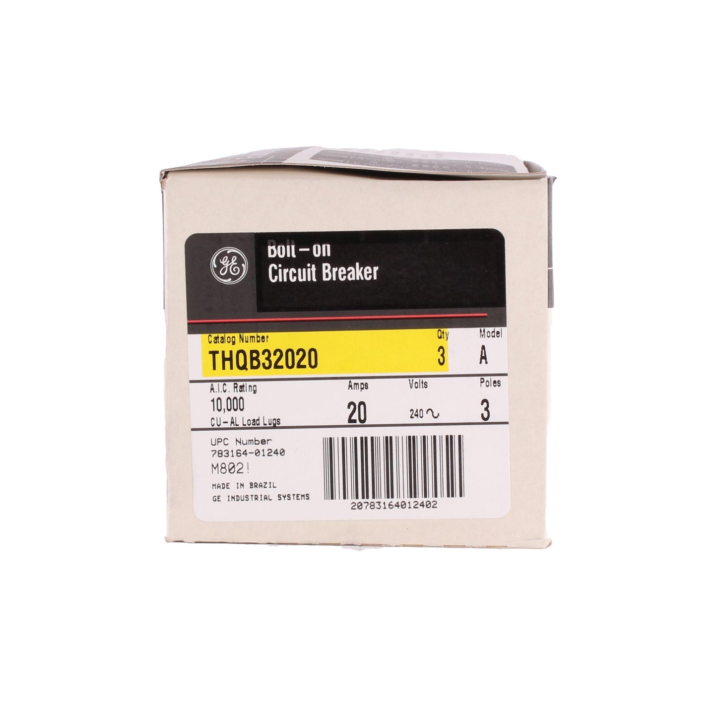 GE Q-Line® THQB32020 Miniature Circuit Breaker, 120/240 VAC, 20 A, 10 kA Interrupt, 3 Poles, LI/Non-Interchangeable Thermal Magnetic Trip