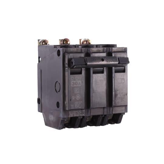 GE Q-Line® THQB32030 Miniature Circuit Breaker, 120/240 VAC, 30 A, 10 kA Interrupt, 3 Poles, LI/Non-Interchangeable Thermal Magnetic Trip