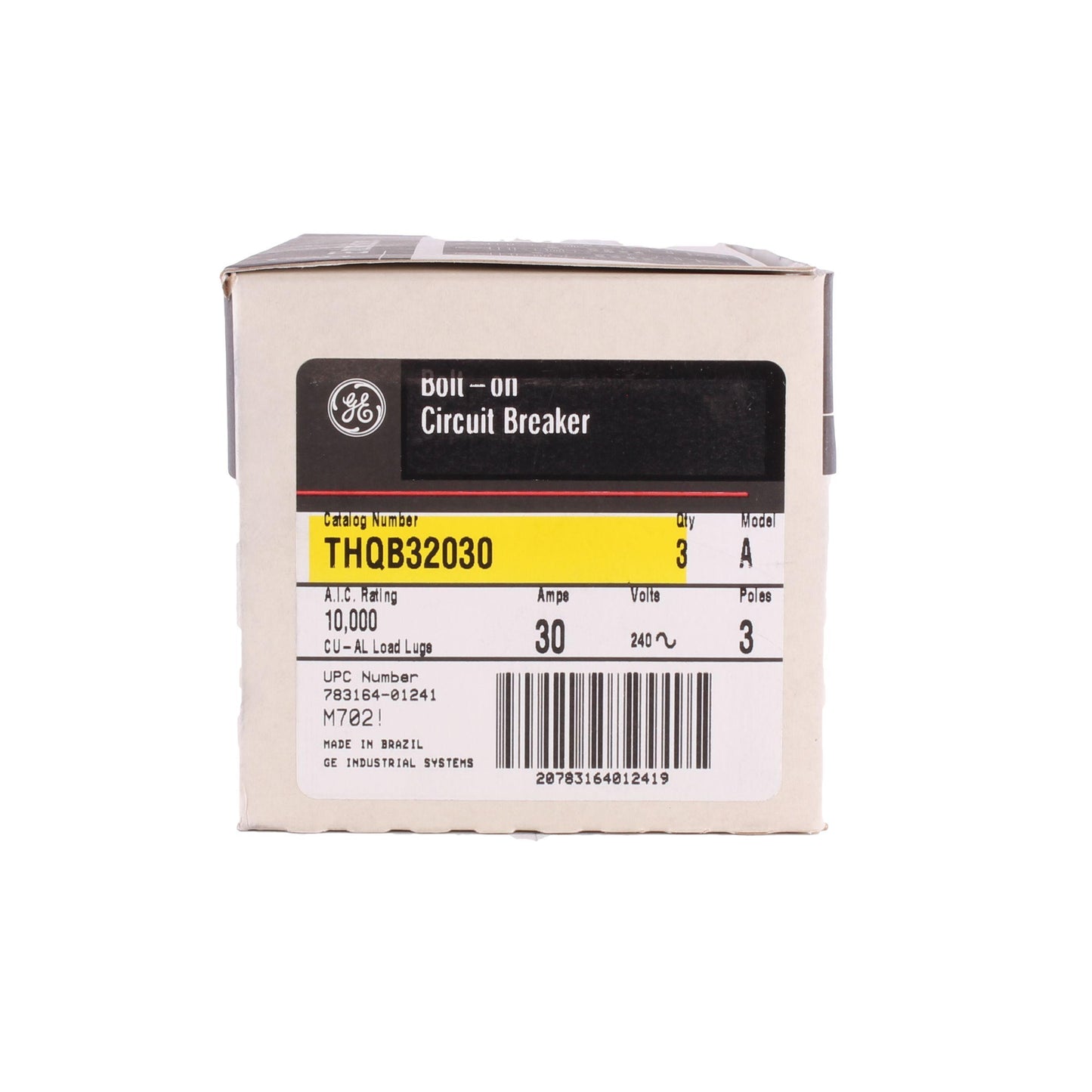 GE Q-Line® THQB32030 Miniature Circuit Breaker, 120/240 VAC, 30 A, 10 kA Interrupt, 3 Poles, LI/Non-Interchangeable Thermal Magnetic Trip