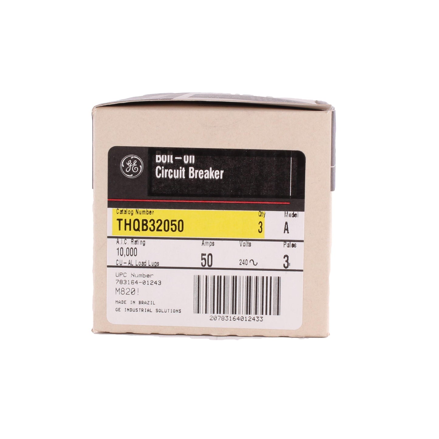 GE Q-Line® THQB32050 Miniature Circuit Breaker, 120/240 VAC, 50 A, 10 kA Interrupt, 3 Poles, LI/Non-Interchangeable Thermal Magnetic Trip