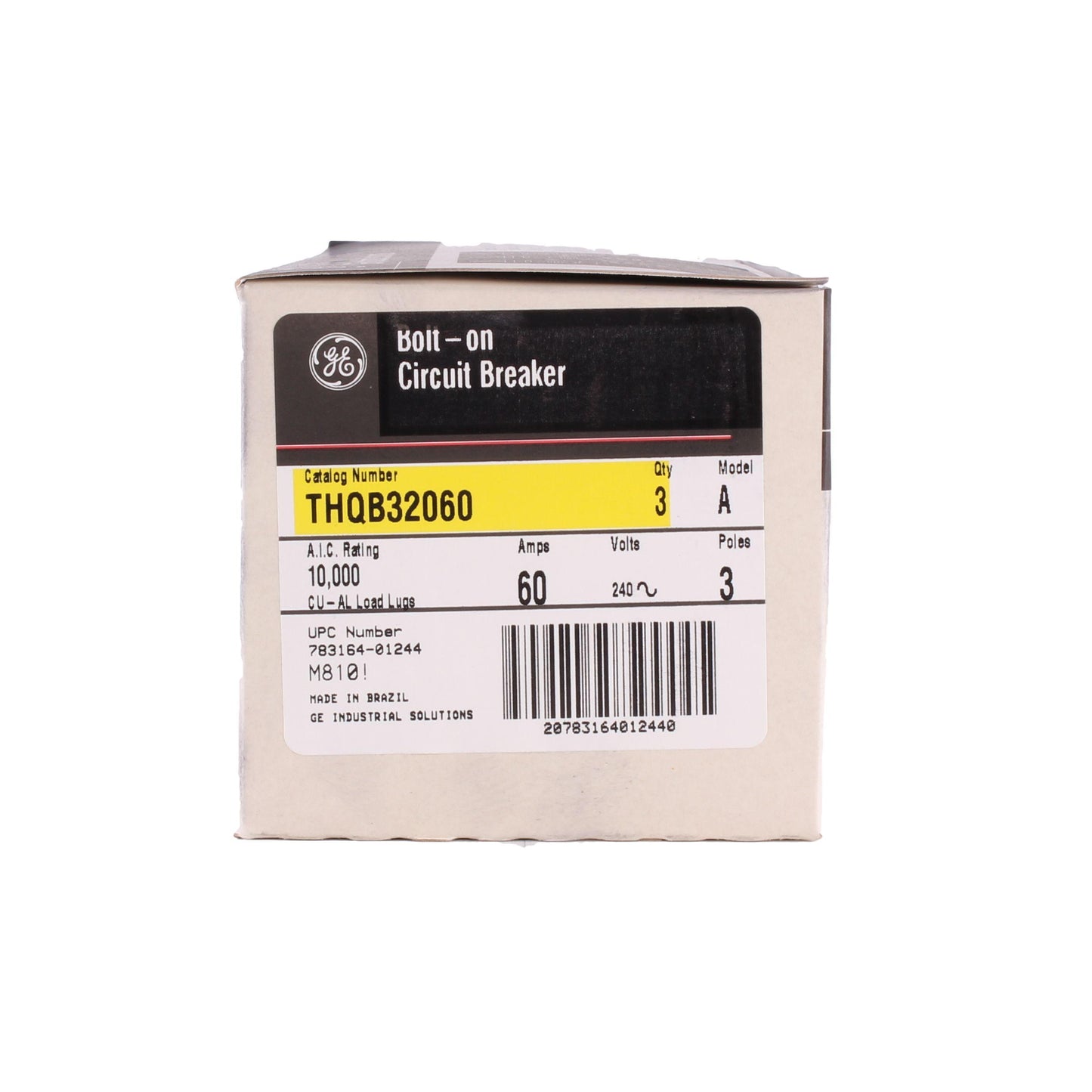 GE Q-Line® THQB32060 Miniature Circuit Breaker, 120/240 VAC, 60 A, 10 kA Interrupt, 3 Poles, LI/Non-Interchangeable Thermal Magnetic Trip