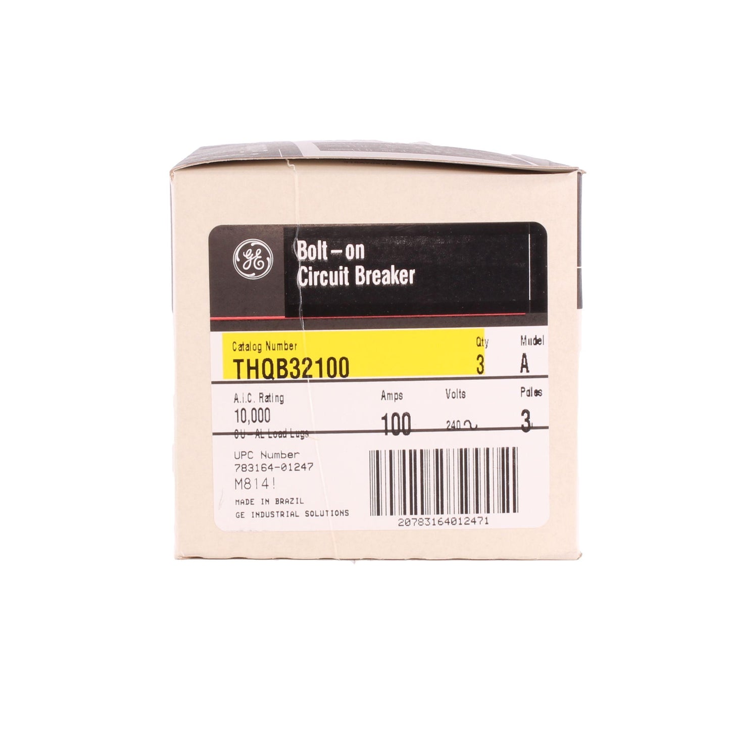 GE Q-Line® THQB32100 Miniature Circuit Breaker, 120/240 VAC, 100 A, 10 kA Interrupt, 3 Poles, LI/Non-Interchangeable Thermal Magnetic Trip