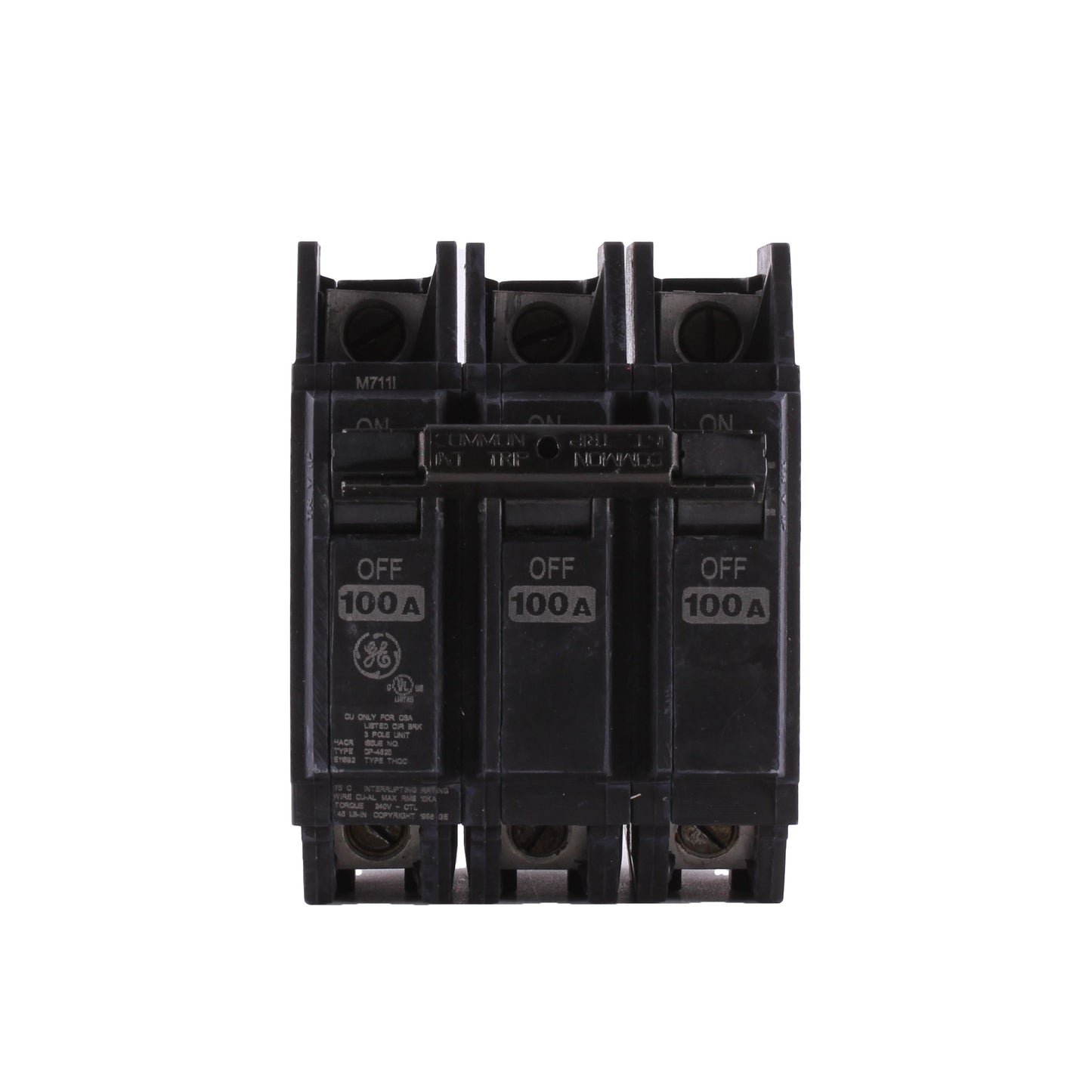 GE Q-Line® THQC32100WL Type THQC Compact Molded Case Circuit Breaker With Copper/Aluminum Line and Load Lug, 240 VAC, 100 A, 10 kA Interrupt, 3 Poles, Non-Interchangeable Thermal Magnetic/LI Trip