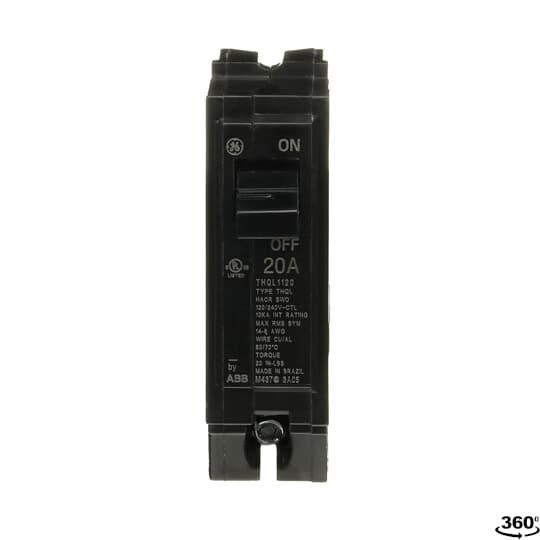 GE Q-Line® THQL1120 Type THQL Molded Case Circuit Breaker, 120/240 VAC, 20 A, 10 kA Interrupt, 1 Pole, LI/Non-Interchangeable Thermal Magnetic Trip