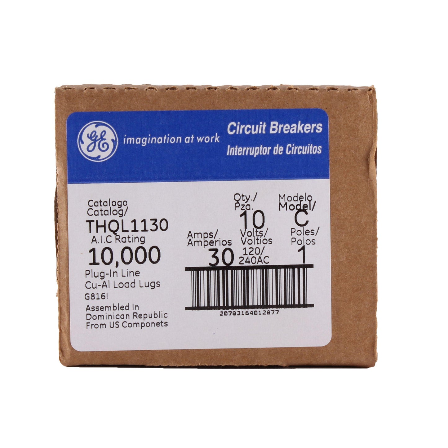 GE Q-Line® THQL1130 Type THQL Molded Case Circuit Breaker, 120/240 VAC, 30 A, 10 kA Interrupt, 1 Pole, LI/Non-Interchangeable Thermal Magnetic Trip