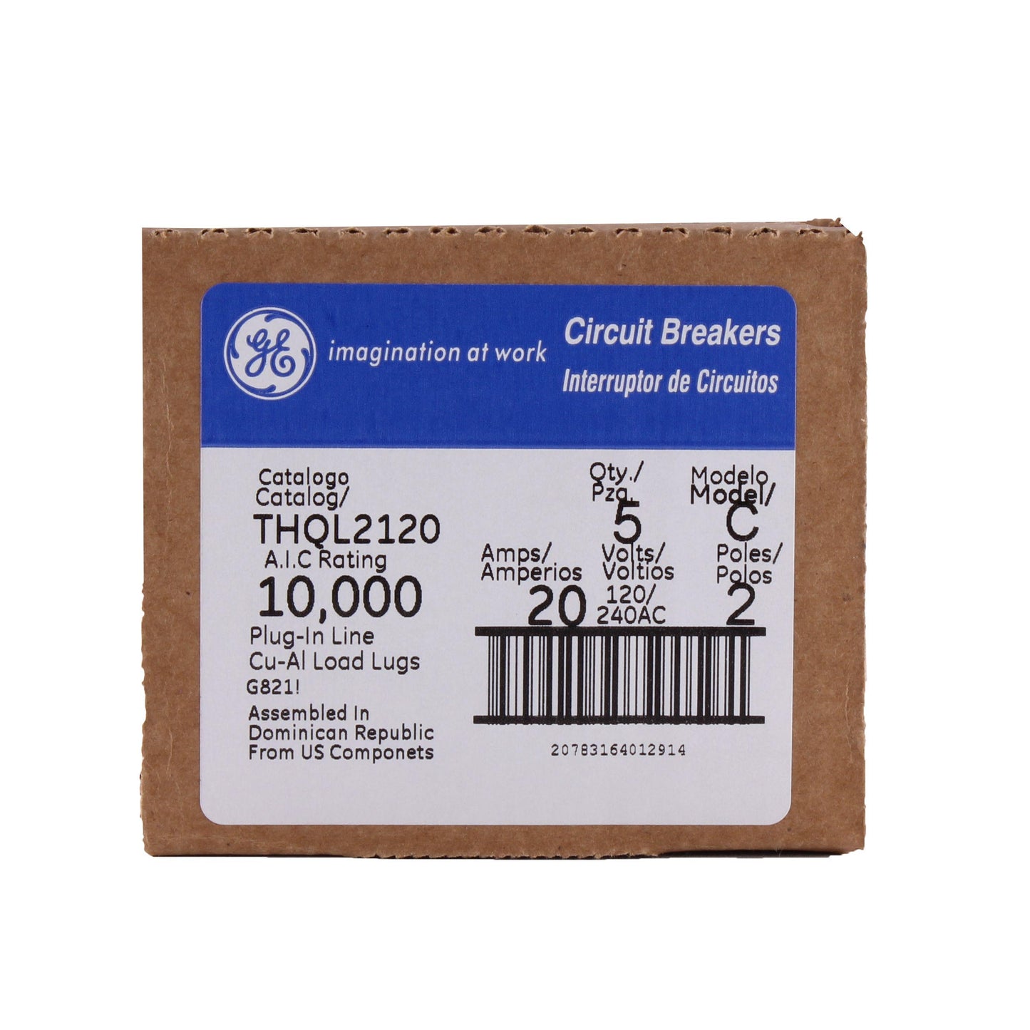 GE Q-Line® THQL2120 Type THQL Molded Case Circuit Breaker, 120/240 VAC, 20 A, 10 kA Interrupt, 2 Poles, LI/Non-Interchangeable Thermal Magnetic Trip
