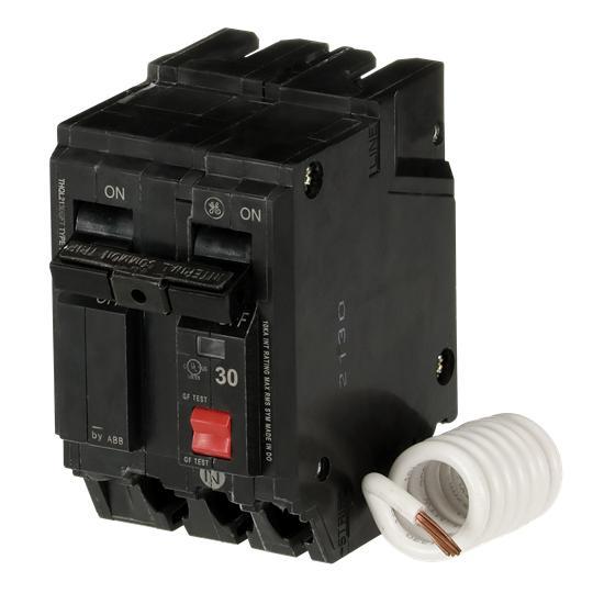 GE Q-Line® THQL2130GFT Type THQL Model 3 Self-Test Ground Fault Circuit Breaker, 120/240 VAC, 30 A, 10 kA Interrupt, 2 Poles, Non-Interchangeable/LIG Trip