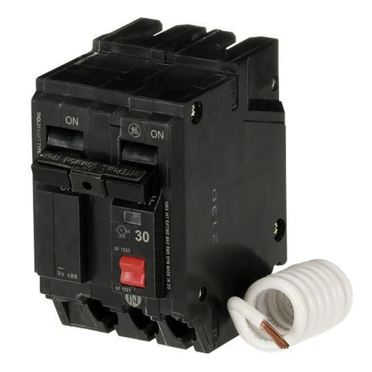 GE Q-Line® THQL2130GFT Type THQL Model 3 Self-Test Ground Fault Circuit Breaker, 120/240 VAC, 30 A, 10 kA Interrupt, 2 Poles, Non-Interchangeable/LIG Trip