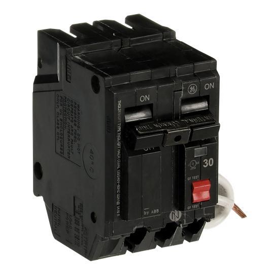 GE Q-Line® THQL2130GFT Type THQL Model 3 Self-Test Ground Fault Circuit Breaker, 120/240 VAC, 30 A, 10 kA Interrupt, 2 Poles, Non-Interchangeable/LIG Trip