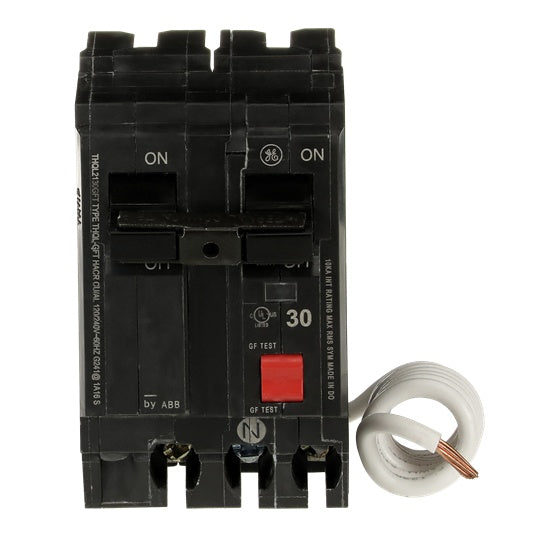 GE Q-Line® THQL2130GFT Type THQL Model 3 Self-Test Ground Fault Circuit Breaker, 120/240 VAC, 30 A, 10 kA Interrupt, 2 Poles, Non-Interchangeable/LIG Trip