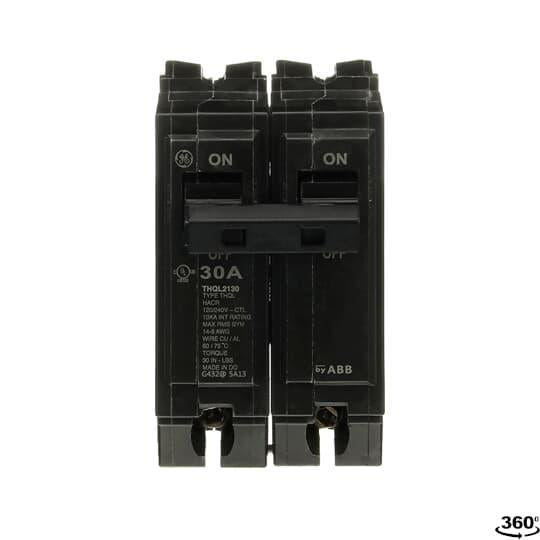 GE Q-Line® THQL2130 Type THQL Molded Case Circuit Breaker, 120/240 VAC, 30 A, 10 kA Interrupt, 2 Poles, LI/Non-Interchangeable Thermal Magnetic Trip
