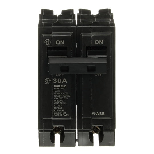 GE Q-Line® THQL2130 Type THQL Molded Case Circuit Breaker, 120/240 VAC, 30 A, 10 kA Interrupt, 2 Poles, LI/Non-Interchangeable Thermal Magnetic Trip