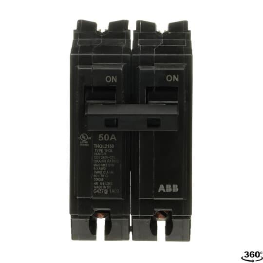 GE Q-Line® THQL2150 Type THQL Molded Case Circuit Breaker, 120/240 VAC, 50 A, 10 kA Interrupt, 2 Poles, LI/Non-Interchangeable Thermal Magnetic Trip