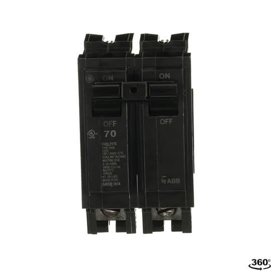 GE Q-Line® THQL2170 Type THQL Compact Molded Case Circuit Breaker, 120/240 VAC, 70 A, 10 kA Interrupt, 2 Poles, Non-Interchangeable Thermal Magnetic/LI Trip