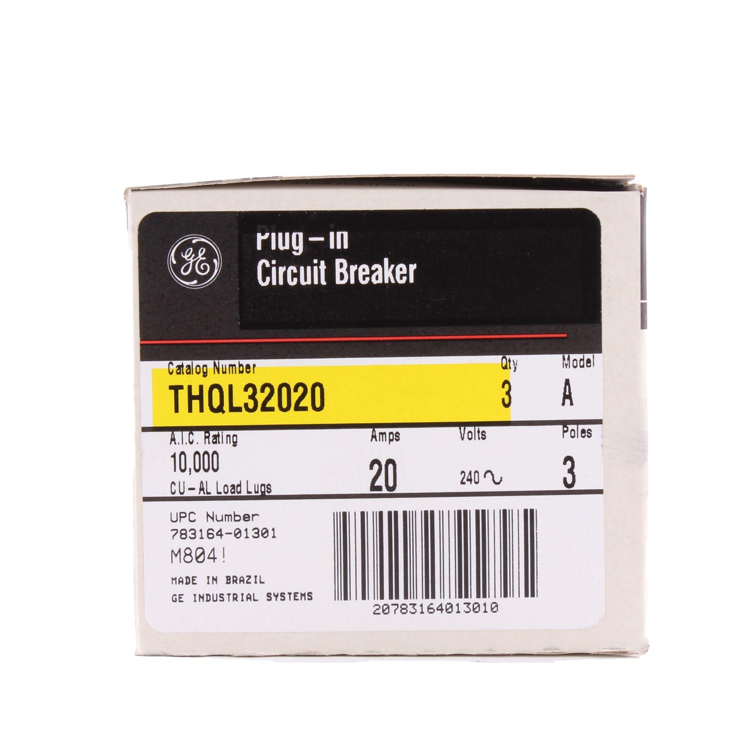 GE Q-Line® THQL32020 Type THQL Molded Case Circuit Breaker, 120/240 VAC, 20 A, 10 kA Interrupt, 3 Poles, LI/Non-Interchangeable Thermal Magnetic Trip