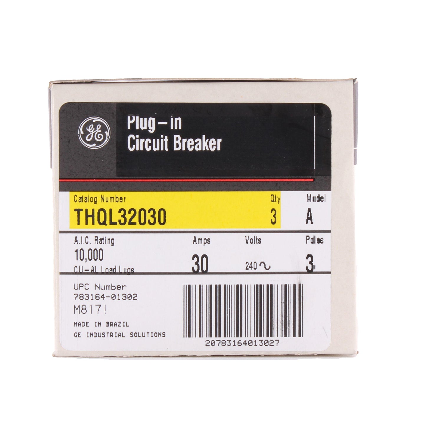 GE Q-Line® THQL32030 Type THQL Molded Case Circuit Breaker, 120/240 VAC, 30 A, 10 kA Interrupt, 3 Poles, LI/Non-Interchangeable Thermal Magnetic Trip