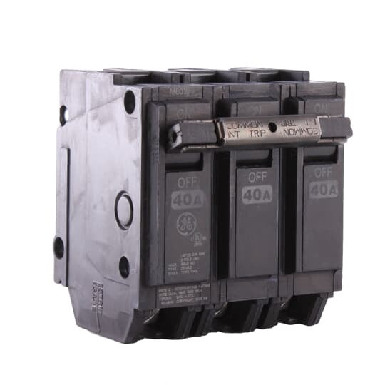 GE Q-Line® THQL32040 Type THQL Molded Case Circuit Breaker, 120/240 VAC, 40 A, 10 kA Interrupt, 3 Poles, LI/Non-Interchangeable Thermal Magnetic Trip