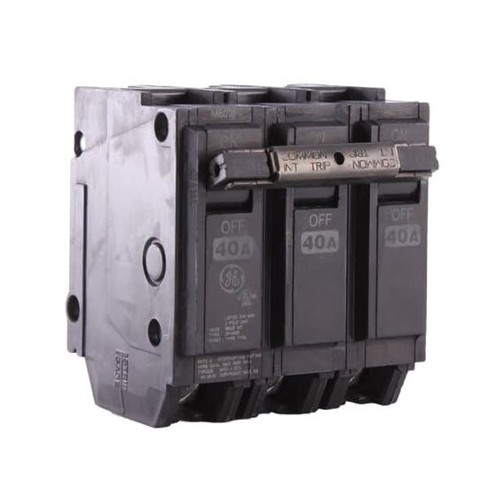 GE Q-Line® THQL32040 Type THQL Molded Case Circuit Breaker, 120/240 VAC, 40 A, 10 kA Interrupt, 3 Poles, LI/Non-Interchangeable Thermal Magnetic Trip