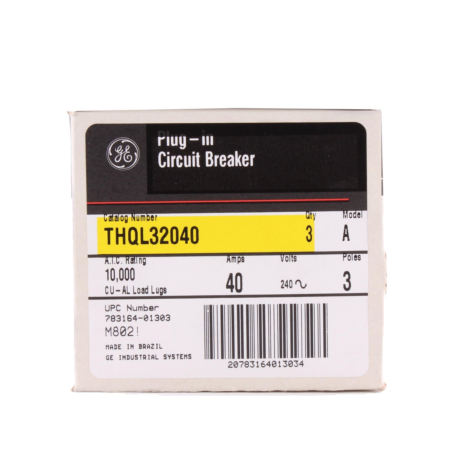 GE Q-Line® THQL32040 Type THQL Molded Case Circuit Breaker, 120/240 VAC, 40 A, 10 kA Interrupt, 3 Poles, LI/Non-Interchangeable Thermal Magnetic Trip