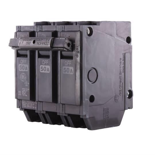 GE Q-Line® THQL32050 Type THQL Molded Case Circuit Breaker, 120/240 VAC, 50 A, 10 kA Interrupt, 3 Poles, LI/Non-Interchangeable Thermal Magnetic Trip