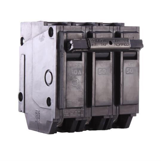 GE Q-Line® THQL32050 Type THQL Molded Case Circuit Breaker, 120/240 VAC, 50 A, 10 kA Interrupt, 3 Poles, LI/Non-Interchangeable Thermal Magnetic Trip