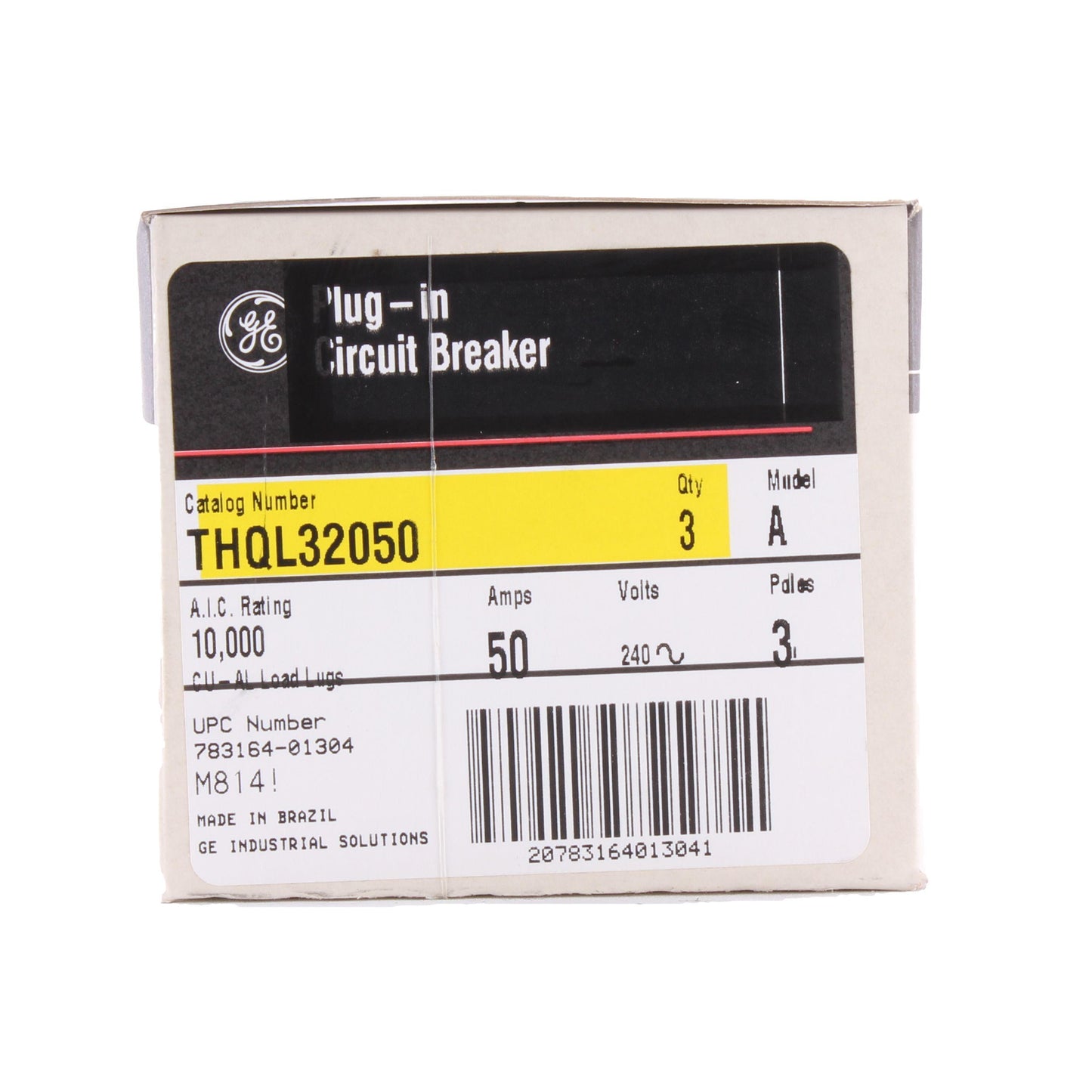 GE Q-Line® THQL32050 Type THQL Molded Case Circuit Breaker, 120/240 VAC, 50 A, 10 kA Interrupt, 3 Poles, LI/Non-Interchangeable Thermal Magnetic Trip