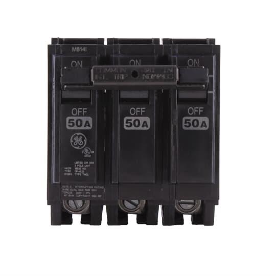 GE Q-Line® THQL32050 Type THQL Molded Case Circuit Breaker, 120/240 VAC, 50 A, 10 kA Interrupt, 3 Poles, LI/Non-Interchangeable Thermal Magnetic Trip