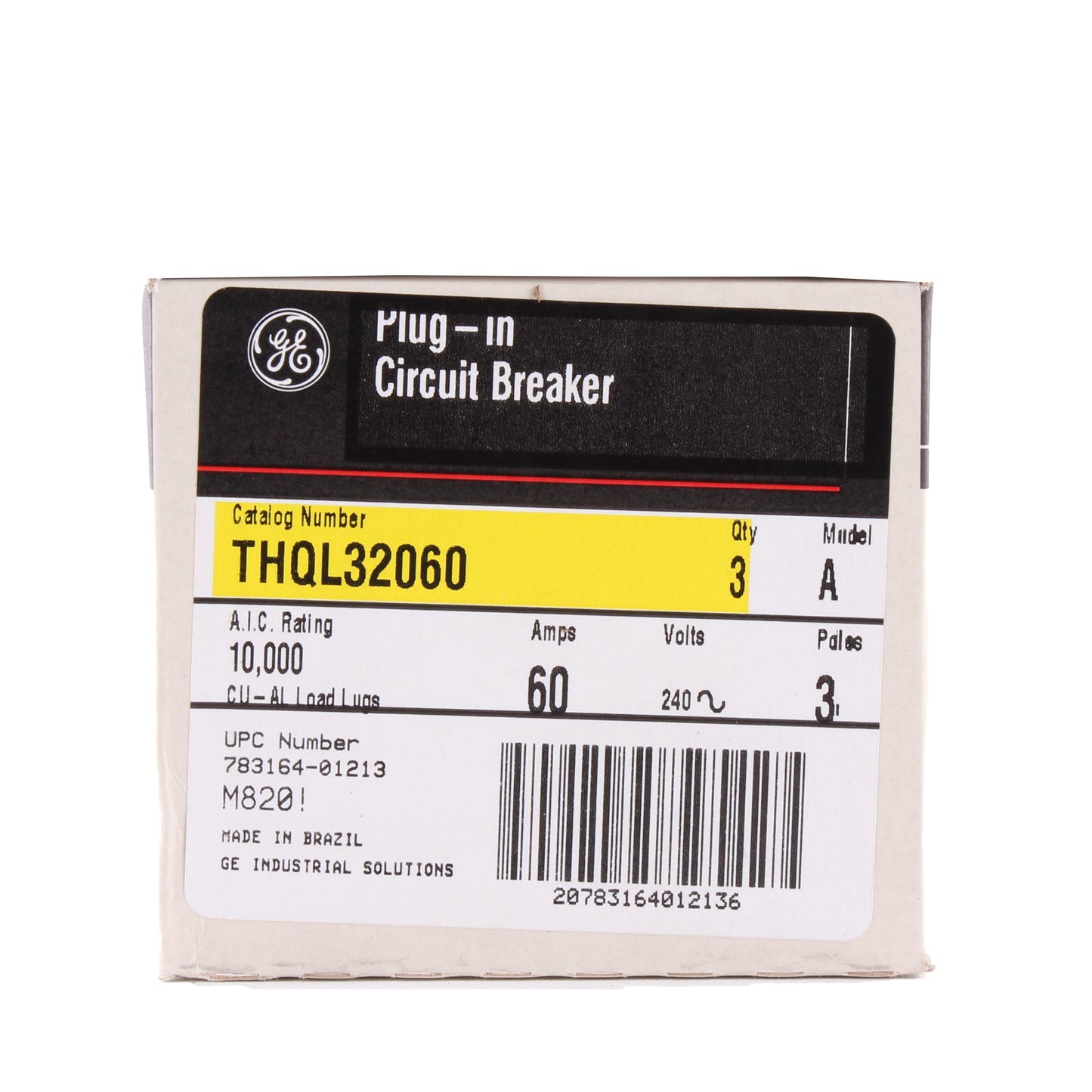 GE Q-Line® THQL32060 Type THQL Compact Molded Case Circuit Breaker, 240 VAC, 60 A, 10 kA Interrupt, 3 Poles, Non-Interchangeable Thermal Magnetic/LI Trip