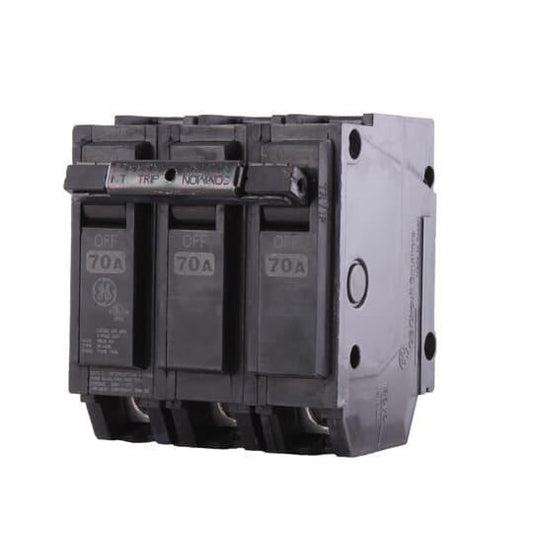 GE Q-Line® THQL32070 Type THQL Compact Molded Case Circuit Breaker, 240 VAC, 70 A, 10 kA Interrupt, 3 Poles, Non-Interchangeable Thermal Magnetic/LI Trip