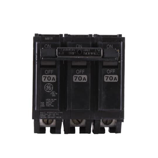 GE Q-Line® THQL32070 Type THQL Compact Molded Case Circuit Breaker, 240 VAC, 70 A, 10 kA Interrupt, 3 Poles, Non-Interchangeable Thermal Magnetic/LI Trip